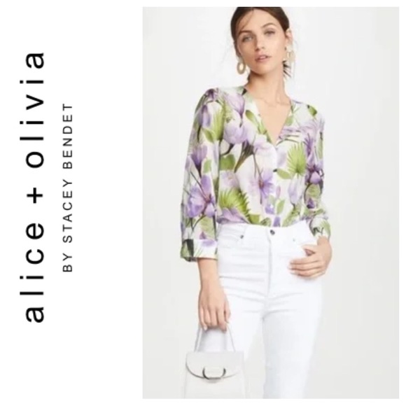 Alice + Olivia Purple and Green Floral Button Down Shirt - Picture 1 of 13